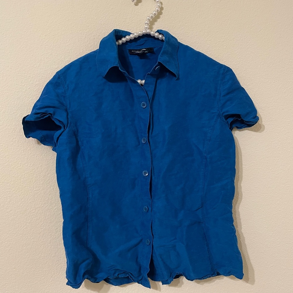 Anne Klein Linen & Silk Blend Blue Button Up Top, Blue, Button Down Blouse